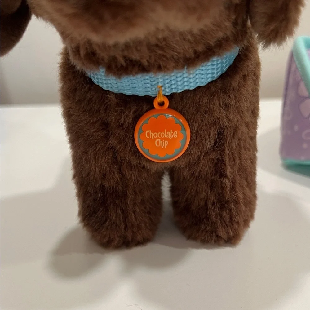 American Girl Brown Plush Dog with Teal and Purple Bed